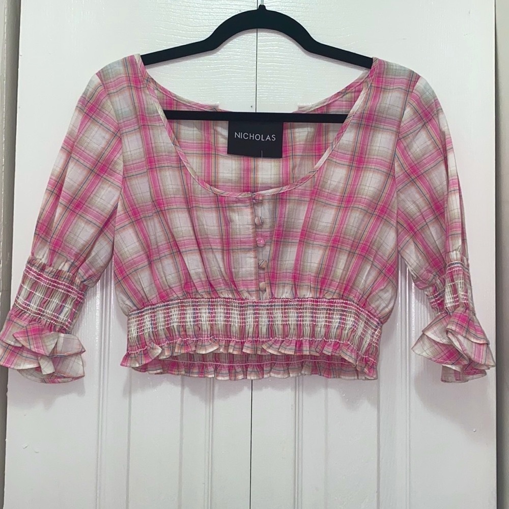 NICHOLAS Cropped, Smocked Pink Top, Size 2 (NWT)